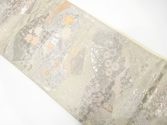 SALE!! JAPANESE KIMONO / ANTIQUE FUKURO OBI / SILK / PLATINUM​ FOIL / WOVEN JIGAMI PATTERN