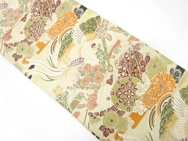 SALE!! JAPANESE KIMONO / ANTIQUE MARU OBI / WOVEN DRUMS & FOLDING FAN & PHOENIX & KIKU