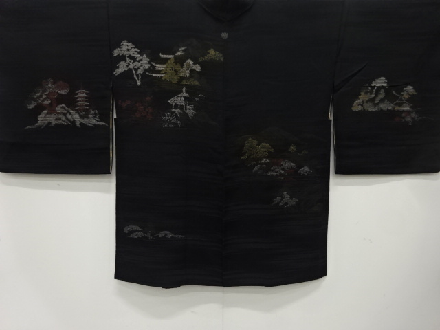 SALE!! JAPANESE ANTIQUE HAORI / TAISHO ROMAN STYLE / SILK / URUSHI / WOVEN SCENERY OF TEMPLE