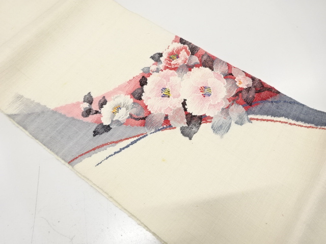 SALE!! JAPANESE NAGOYA OBI / MAWATA TSUMUGI / WOVEN CAMELLIA / BY WATABUN