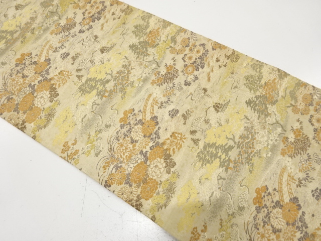 SALE!! JAPANESE KIMONO / ANTIQUE NAGOYA OBI / SILK / WOVEN SHORE & FLOWERS & CRANE