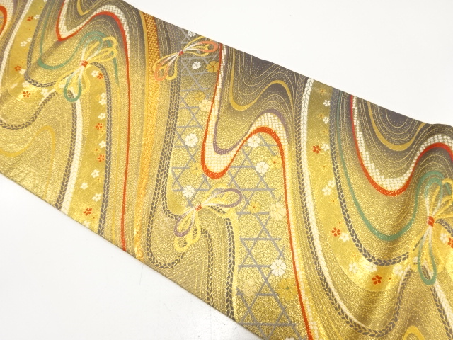 SALE!! JAPANESE FUKURO OBI FOR FURISODE / WOVEN FLOWER & KUMIHIMO CORD PATTERN