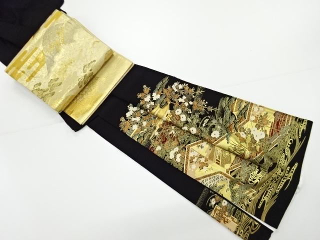 リサイクル　金彩金閣寺に屏風・草花模様刺繍留袖(比翼付き)・袋帯セット