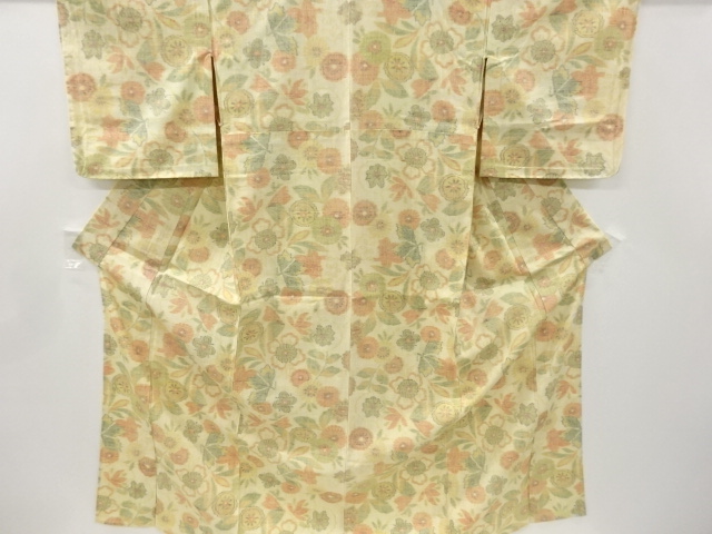 リサイクル　花模様織り出し手織り真綿小千谷紬単衣着物