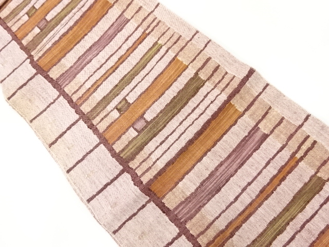 アンティーク　手織り真綿紬変わり横段模様織り出し名古屋帯