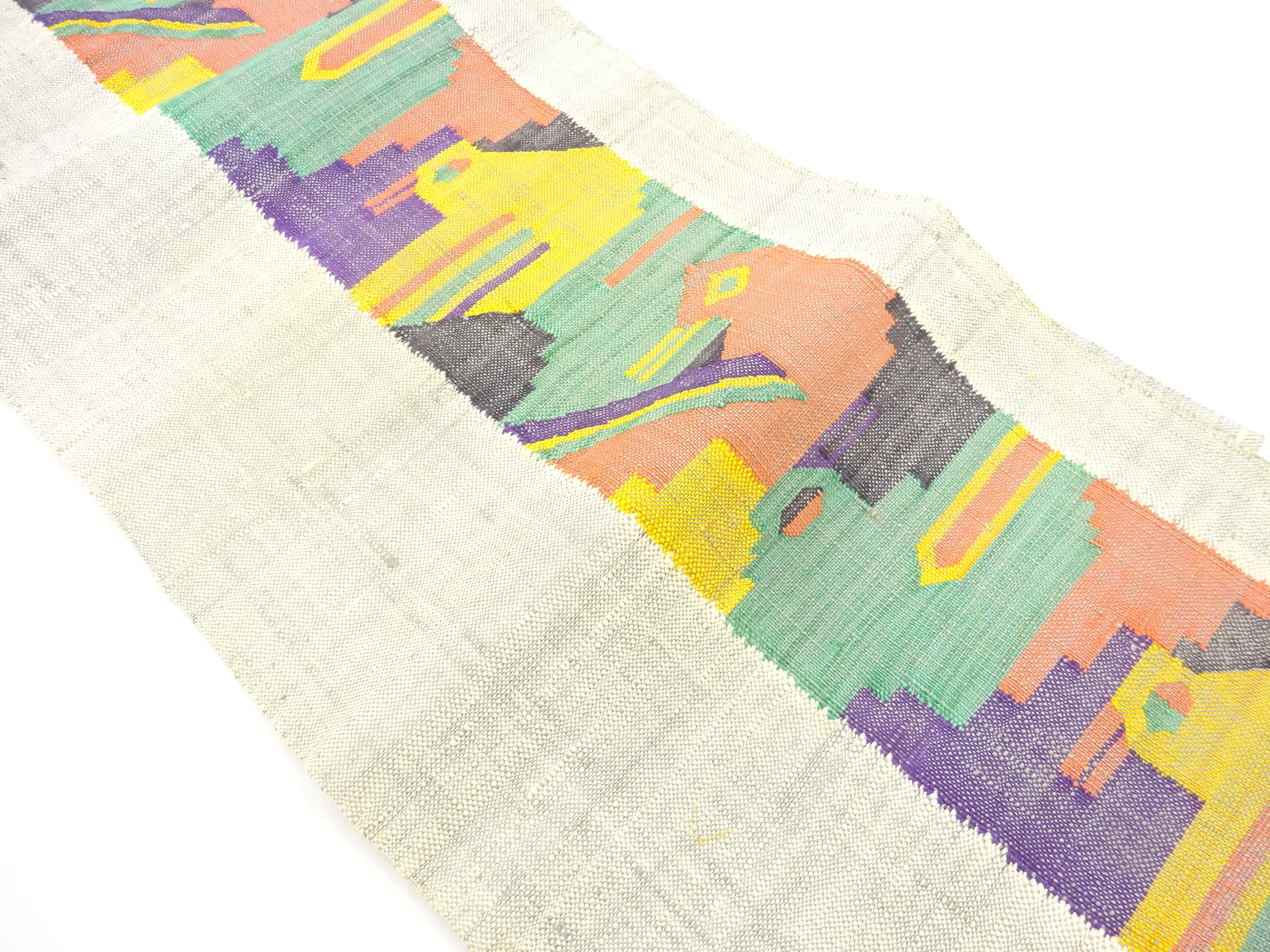 アンティーク　手織り真綿紬抽象鳥模様織り出し名古屋帯