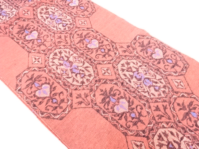 アンティーク　手織り紬亀甲に抽象花模様織り出し名古屋帯