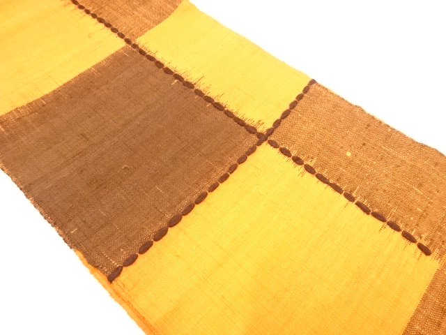アンティーク　手織り真綿紬変わり格子模様織り出し名古屋帯