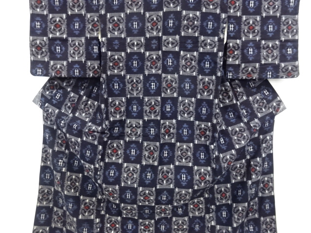 アンティーク　木綿本場久留米絣市松に抽象模様着物
