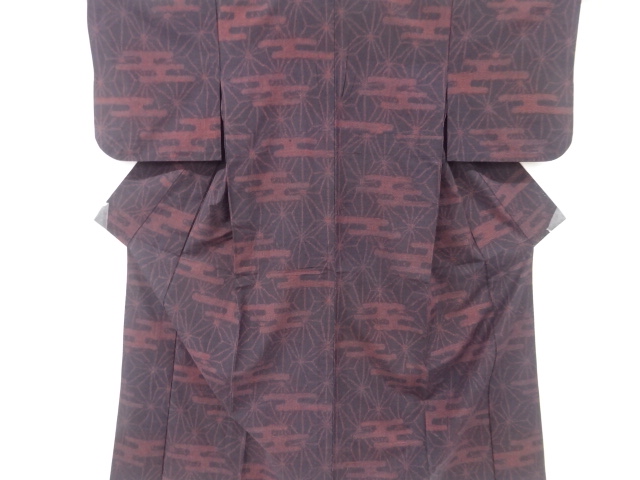 アンティーク　ヱ霞に麻の葉模様織り出し本真綿結城紬単衣着物