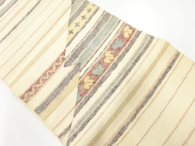 アンティーク　手織り真綿紬　横段に幾何学模様織り出し名古屋帯