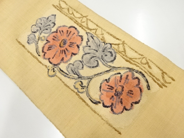 アンティーク　手織り真綿紬　花模様織り出し名古屋帯
