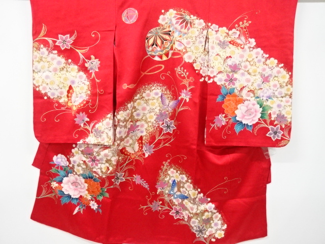 JAPANESE KIMONO / KIMONO FOR KIDS / SILK / MARI BALL & BUTTERFLY & FLORAL PLANTS