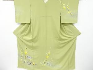 g_t i426　正絹 無地着物 未使用品ですが、新古品です。よい品物です。身長160㎝～165前後の方対象 中古 色無地 無地着物 袷 レディース 正絹 薄緑 一つ紋 梅鉢 身丈