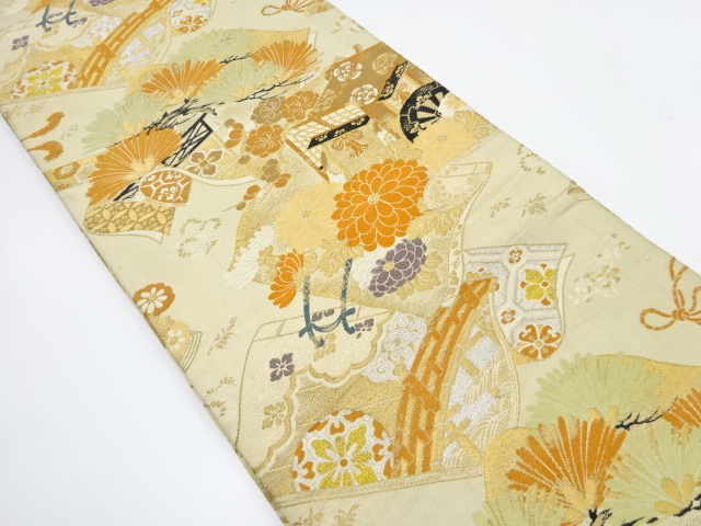 SALE!! JAPANESE KIMONO / ANTIQUE MARU OBI / WOVEN CARRIAGE & SHOCHIKUBAI