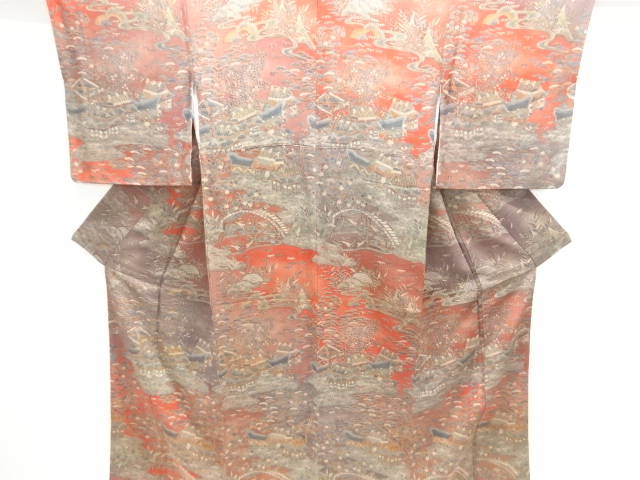 縮緬地家屋風景模様付け下げ小紋着物