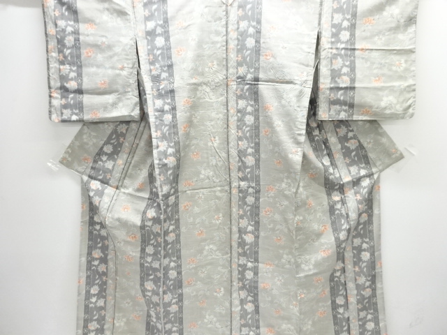アンティーク　花更紗模様織り出し手織り紬単衣着物