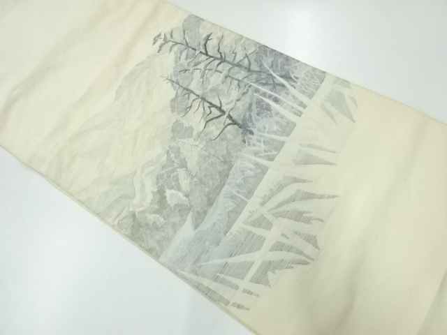 アンティーク　手織り紬すくい織樹木に遠山風景模様織出し袋帯（材料）