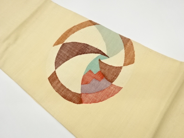リサイクル　手織り紬抽象丸文模様織出し夏用袋帯