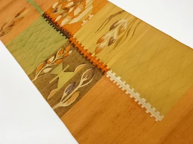 リサイクル　手織り紬すくい織抽象植物・鳥模様織出し洒落袋帯
