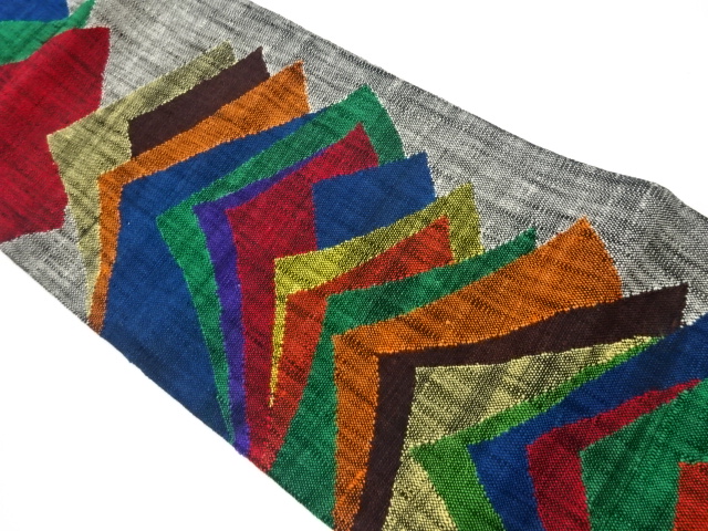 リサイクル　手織り真綿紬重ね色紙模様織出し名古屋帯