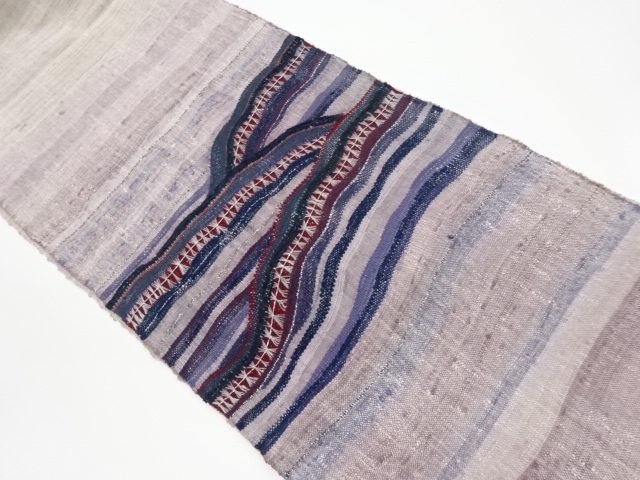 リサイクル　手織り真綿紬変わり織抽象横段模様織出し名古屋帯