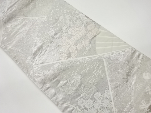 SALE!! JAPANESE KIMONO / VINTAGE FUKURO OBI / PLATINUM FOIL / WOVEN CRANES & FLOWERS