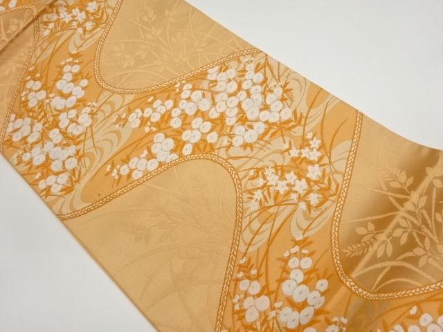 SALE!! JAPANESE KIMONO / VINTAGE FUKURO OBI / WOVEN WAVY STRIPE & AUTUMN FLOWERS