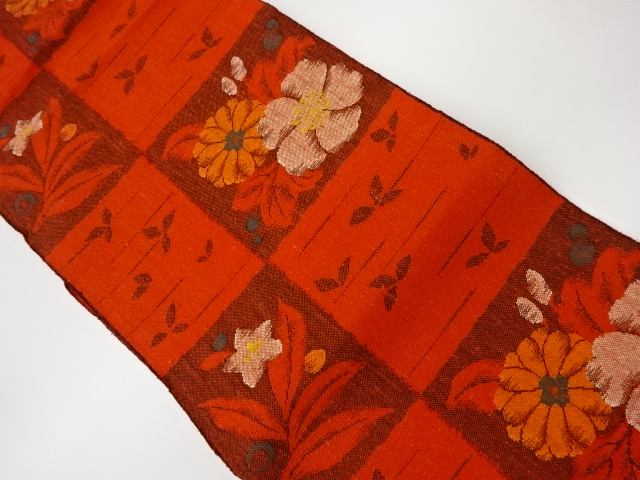 SALE!! JAPANESE KIMONO / VINTAGE NAGOYA OBI / TSUMUGI / WOVEN CHECKERED & FLORAL PLANTS