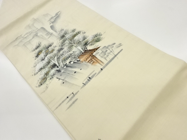 JAPANESE KIMONO / VINTAGE NAGOYA OBI / TSUMUGI / SCENERY OF TEMPLE / ARTIST WORK