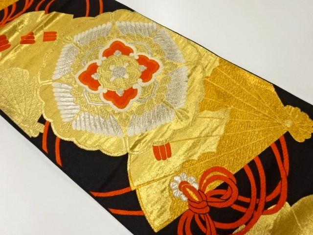 アンティーク　檜扇に若松・花模様織出し袋帯（着用可）