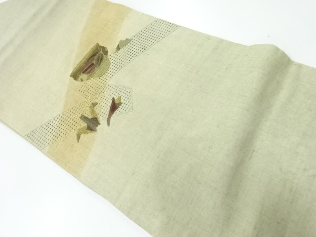 アンティーク　手織り紬汕頭相良刺繍熨斗に茶碗・折鶴模様名古屋帯（材料）