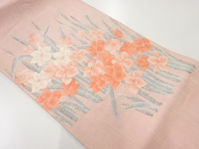 アンティーク　手織り真綿紬草花模様織出し名古屋帯