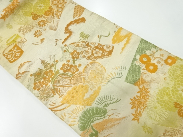 SALE!! JAPANESE KIMONO / ANTIQUE NAGOYA OBI / WOVEN DRUM & FLORAL PLANTS