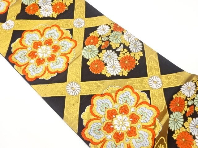 SALE!! JAPANESE KIMONO / VINTAGE FUKURO OBI / SILK / WOVEN KIKU & FLOWER CREST