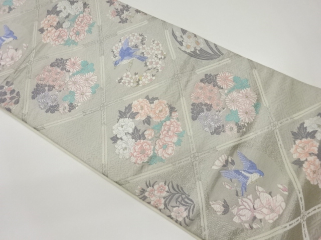 SALE!! JAPANESE FUKURO OBI / PLATINUM​ FOIL / WOVEN FLOWER & BIRD