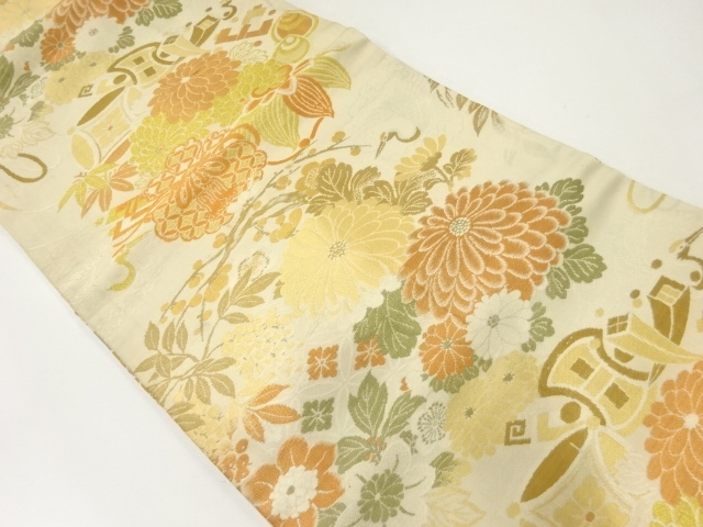 SALE!! JAPANESE KIMONO / ANTIQUE NAGOYA OBI / WOVEN KIKU & TREASURES