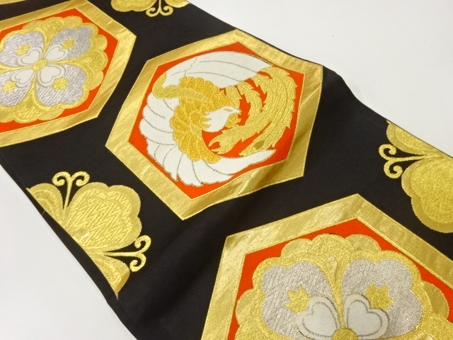 JAPANESE KIMONO / ANTIQUE FUKURO OBI / SILK / WOVEN PHOENIX & FLOWER
