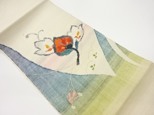 SALE!! JAPANESE KIMONO / NAGOYA OBI / SILK / HAND WOVEN / MAWATA TSUMUGI / ABSTRACT FLOWERS
