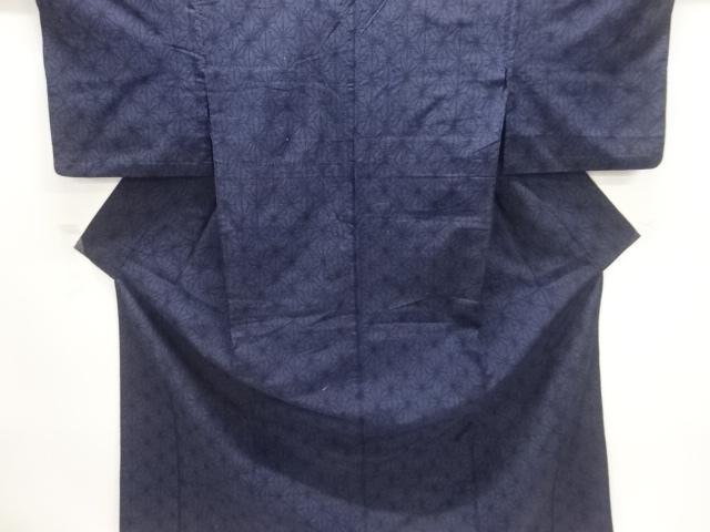 ◆衣紋屋◆1541 結城紬着物 単衣 正絹 麻の葉文様 濃藍地 ★身丈157／裄65.5★ 夏結城紗紬 夏着物 証紙付き 小紋 唐花 縦縞 正絹 生成色 アイボリー