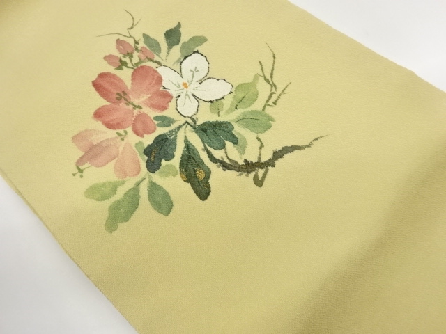 SALE!! JAPANESE NAGOYA OBI / CHIRIMEN / KINSAI / HAND PAINTED / FLORAL PLANTS