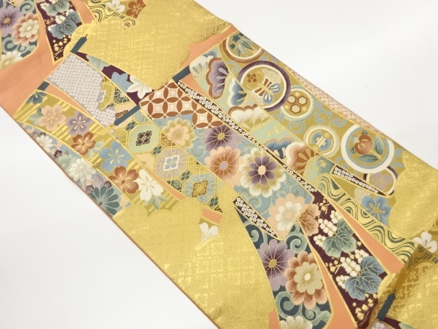 几帳に花々・雲模様織出し袋帯