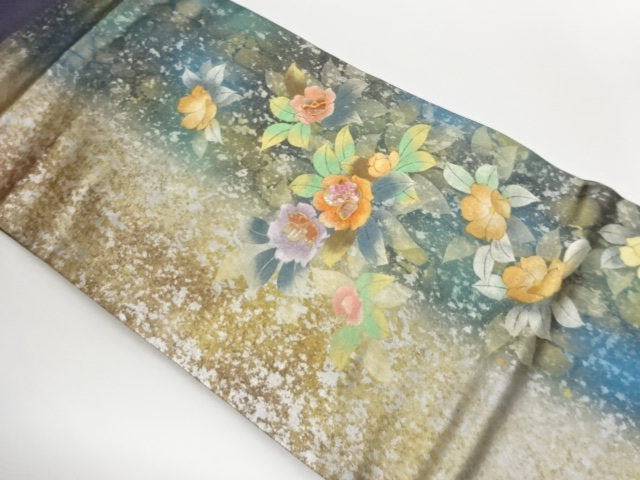 JAPANESE NAGOYA OBI / KINSAI / SHELL INLAY / FLOWERS