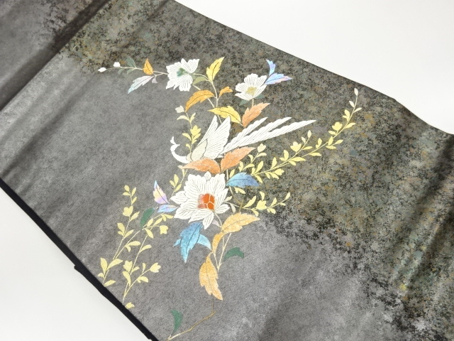 JAPANESE KIMONO / NAGOYA OBI / SILK / KINSAI / SHELL INLAY / FLOWERS & LEAVES & BIRDS
