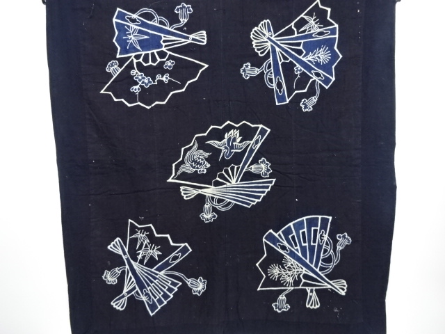 アンティーク 木綿筒描き扇面に鶴 亀 松竹梅模様4巾布団側 リサイクル アンティーク着物のシンエイ