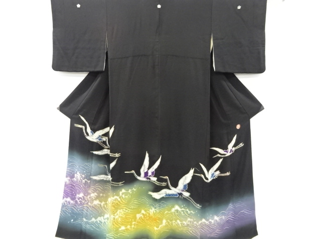 SALE!! JAPANESE KIMONO / PREMIUM! VINTAGE TOMESODE / EMBROIDERY / ROUGH WAVE & CRANES / BY GEKKA MINAGAWA