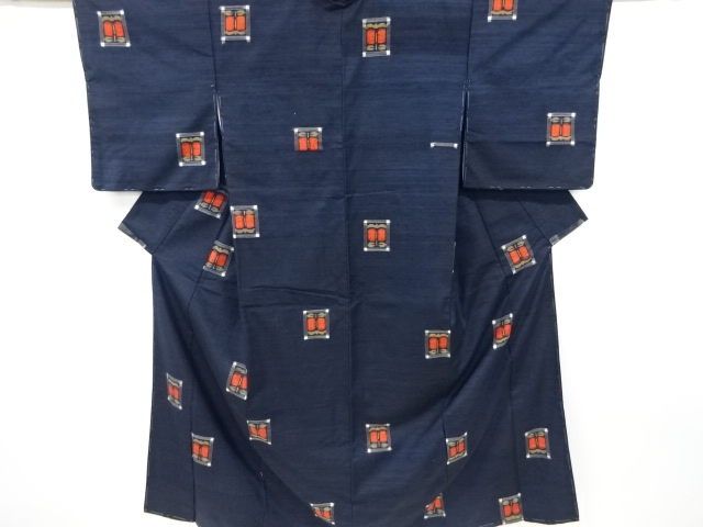 SALE!! JAPANESE KIMONO / VINTAGE UNUSED KIMONO / MAWATA TSUMUGI / WOVEN SQUARE & CAMELLIA