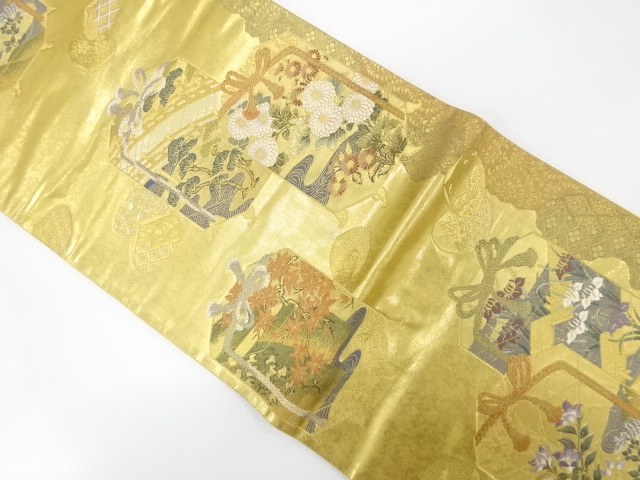 JAPANESE KIMONO / FUKURO OBI / SILK / GOLD FOIL / WOVEN BUCKET & BRIDGE & FLORAL PLANTS