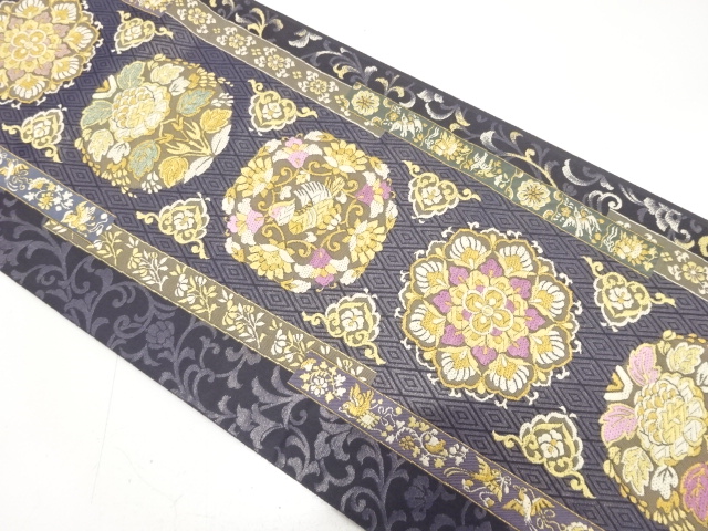 JAPANESE KIMONO / FUKURO OBI / SILK / WOVEN FLORAL CREST & MANDARIN DUCKS & PEONY