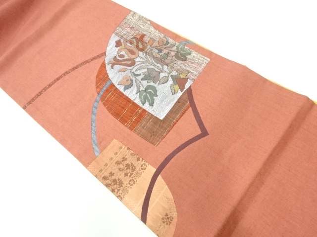 リサイクル　手織り紬すくい織切り嵌めに草花模様織出し袋帯